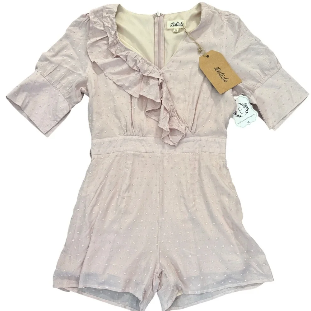 Listicle Womens Pink Swiss Dot Ruffle V Neck Puff Sleeve Romper M